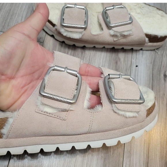 J/Slides Faux Fur Shearling Lined Suede Pink Open Toe Slides Sandals Sz 7.5 - Picture 4 of 12